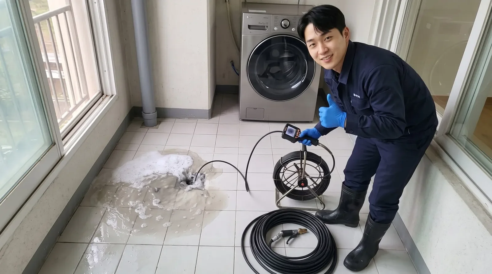 인천 세탁실 배수구 역류 현장에서 배관내시경을 든 기술자